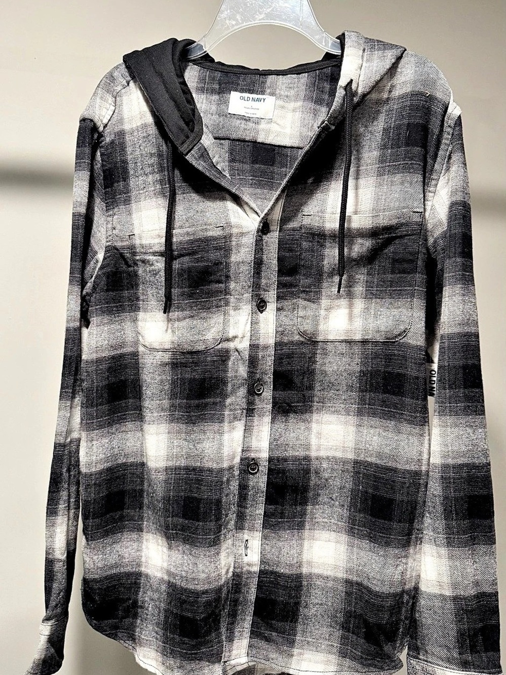 Old Navy Hooded Flannel Shirt Plaid Button Down in Black & White